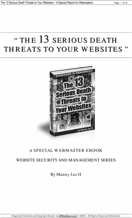 Product picture The 13 Serious Death Threats to your webisites